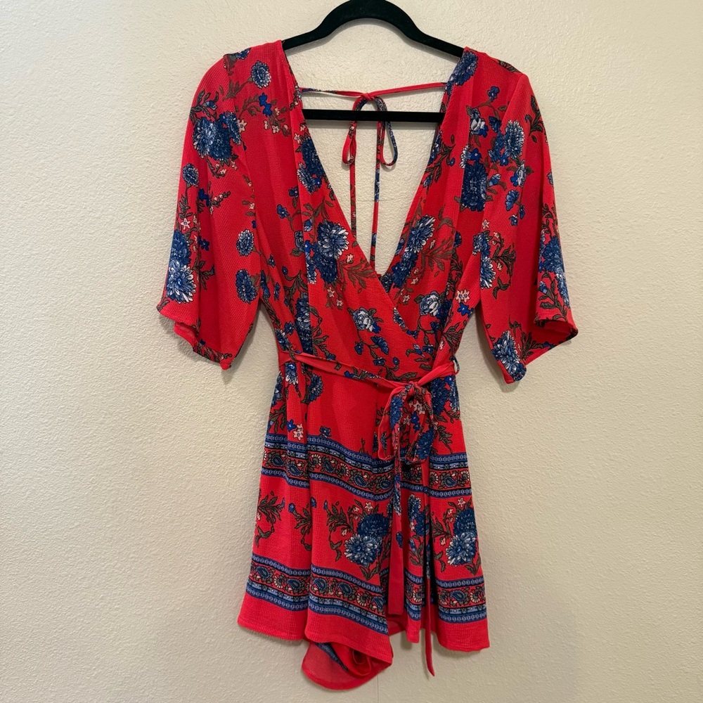 Trixxi Vibrant Red and Blue Patterned Romper